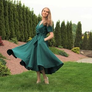 NWT Handmade linen midi wrap dress in dark green